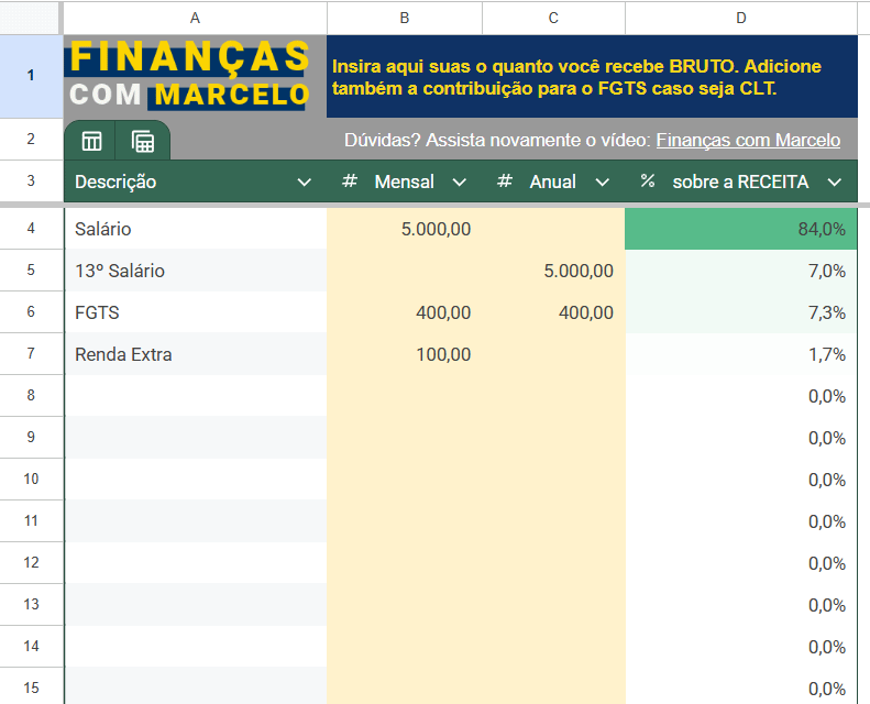 Planilha de controle financeiro pessoal e para organizar finanças e controlar as receitas do canal Finanças com Marcelo do Youtube