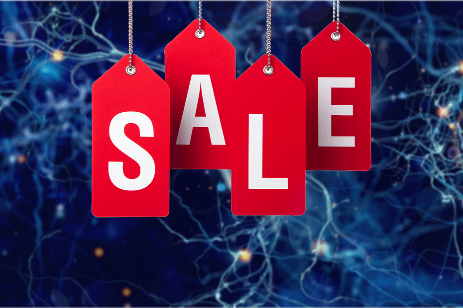 A imagem mostra etiquetas vermelhas penduradas por correntes finas, formando a palavra "SALE" com letras brancas maiúsculas. O fundo é uma ilustração abstrata em tons de azul e laranja que se assemelha a neurônios e conexões sinápticas.
